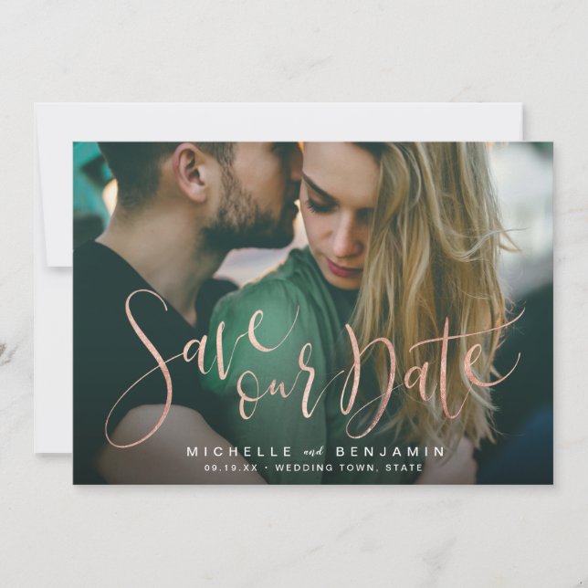 Reserve A Data Salve o dia com foto de script dourado rosa modern (Frente)