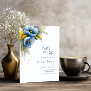 Reserve A Data Salve o Dia do Casamento Floral Azul e Amarelo