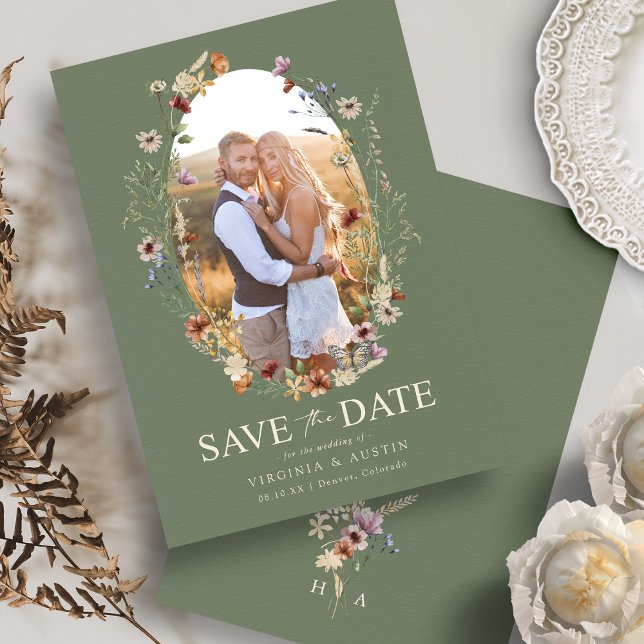 Reserve A Data Salve o Dia Floral Boho Verde (Watercolor Sage Green Boho Floral Save The Date Monogram by Painted Paperie
)