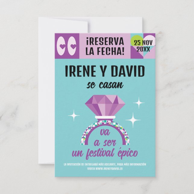 Reserve A Data Save the Date Anillo Festival Turquesa Violeta (Frente)