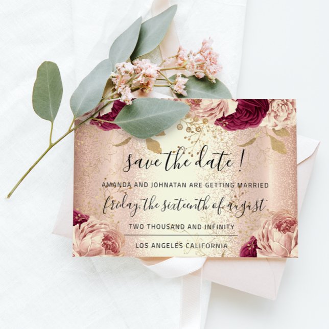 Reserve A Data Save The Date Burgundy Rose Gold Roses Marsala (Criador carregado)