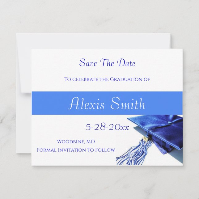 Reserve A Data Save The Date Cards - Blue Graduation Cap (Frente)