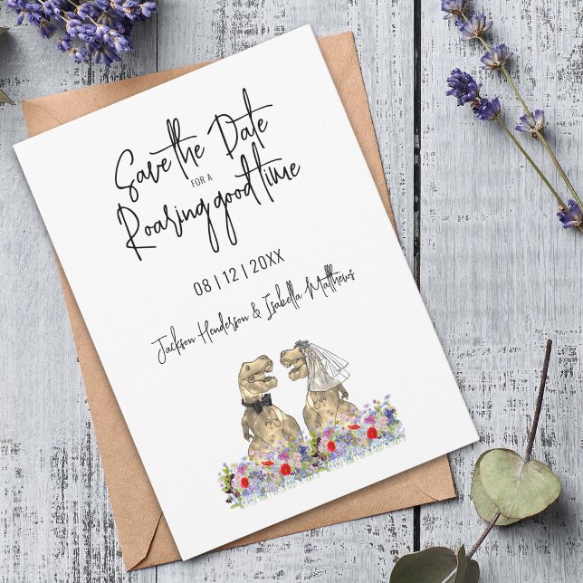 Reserve A Data Save the Date for a Roaring Funny Dinosaur Wedding (Save the date for a roaring good time dinosaur wedding invitation Watercolor wildflower floral)