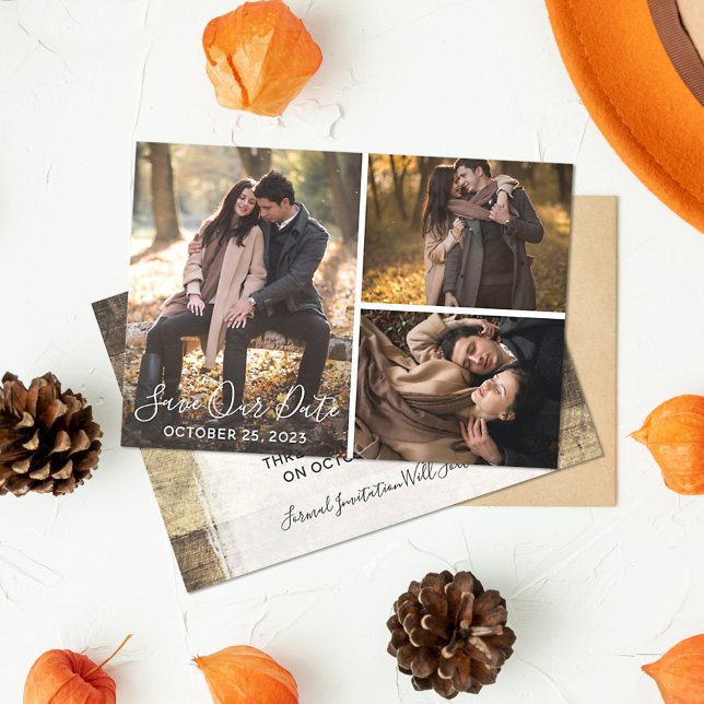Reserve A Data Save The Date Rustic Wood Wedding Photo Collage (Criador carregado)