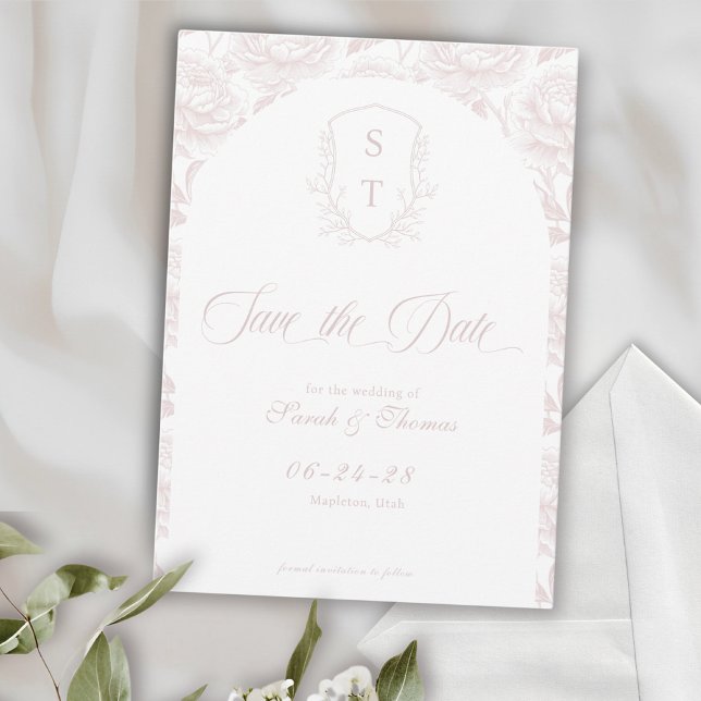 Reserve A Data Script Cor-de-rosa-rosa-pincel do Monograma (Crest Save The Date Formal Card blush pink. Wedding classic and timeless)