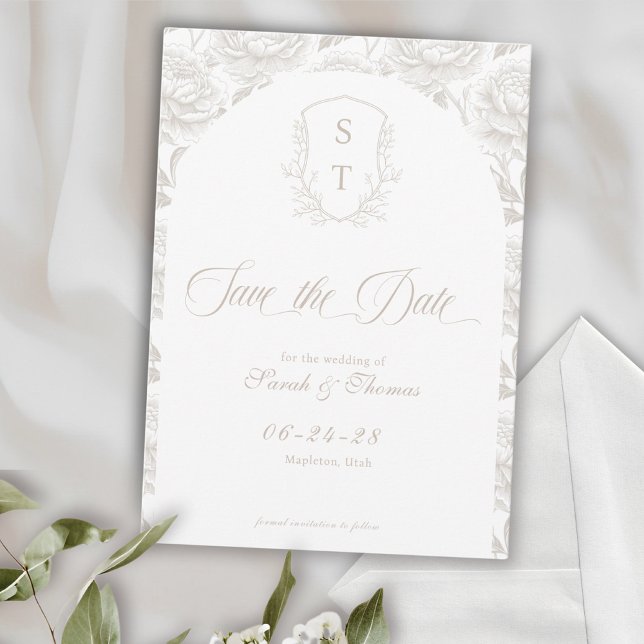 Reserve A Data Script Crest Monograma Pale Taupe (Crest Save The Date Formal Card pale taupe, beige,  cream)