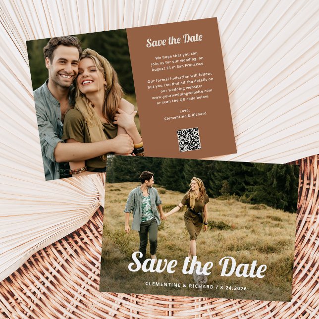 Reserve A Data Script de Boho | Duas Fotografias e Código QR (A trendy, retro save the date card with two photos and a scannable QR code)