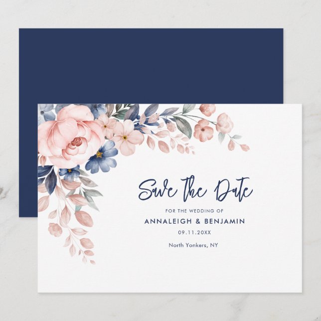 Reserve A Data Script de Casamento Botânico Floral Rosa (Frente/Verso)