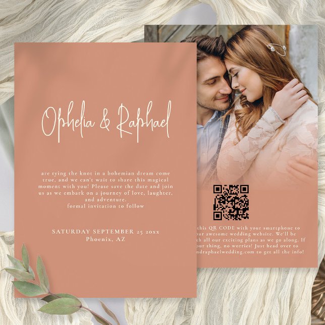 Reserve A Data Script de Sobreposição de Foto QR Boho Wedding Ter (Front and back view)