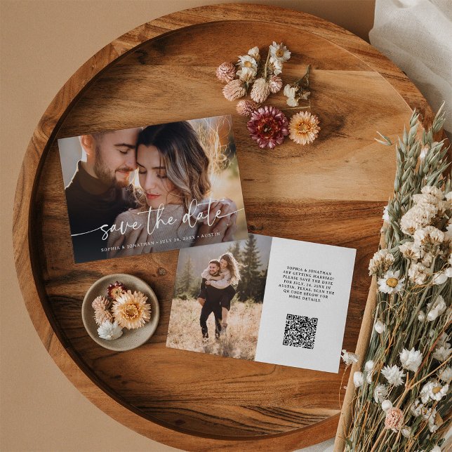 Reserve A Data Script Elegante e duas fotos | Código QR (A simple and elegant save the date card, with two photos and a scannable QR code)