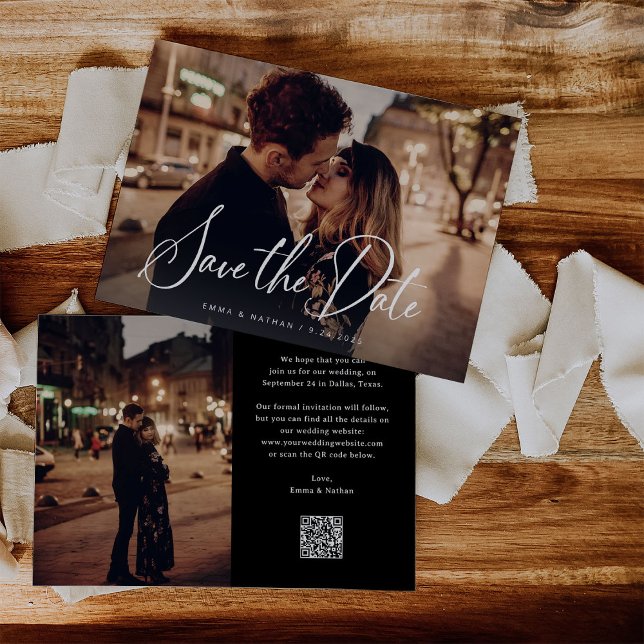 Reserve A Data Script Elegante e Preto | Duas Fotografias e Códig (An elegant, dark black save the date card with two photos and a scannable QR code)