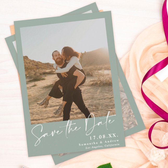 Reserve A Data Script elegante sage verde 2 fotos salvam a data (Criador carregado)