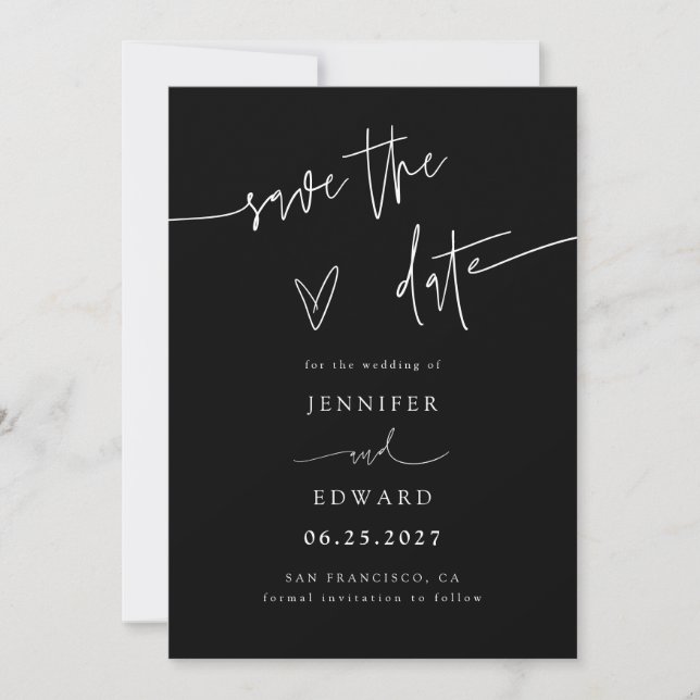 Reserve A Data Script Letrado à Mão Preto Casamento Salvar a Data (Frente)