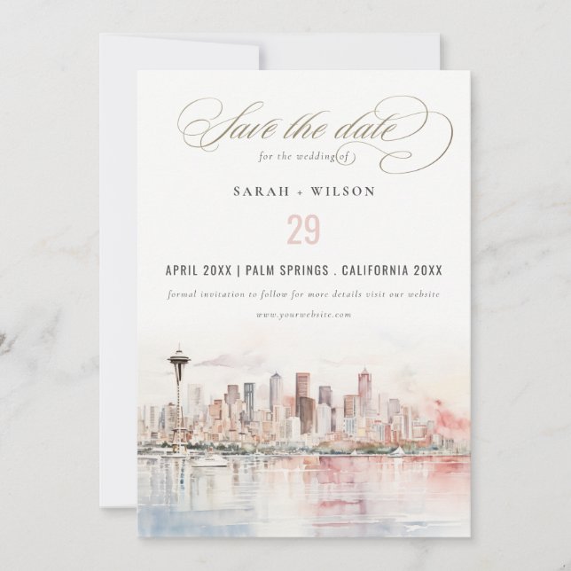 Reserve A Data Seattle, Washington Watercolor Landscape Wedding (Frente)