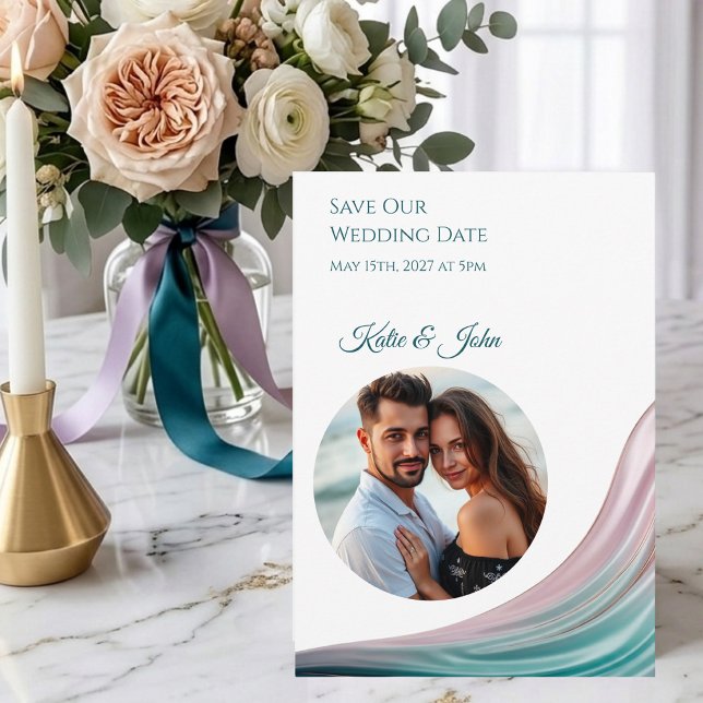 Reserve A Data Seda Azul Turquesa & Bege para Casamento Save the  (Teal & Blush Silk Wedding Save the Date with Photo )