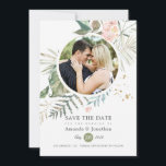 Reserve A Data Serenidade Aquarela Vegetação Geométrica Casamento<br><div class="desc">Cartões de save the date de casamento com aquarela floral vegetação e flores silvestres rosa claro em tons pastéis com moldura geométrica dourada personalizáveis para os detalhes do seu evento.</div>