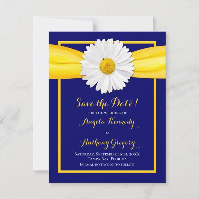 Reserve A Data Shasta Daisy Yellow Ribbon Marinho Casamento Azul (Frente)