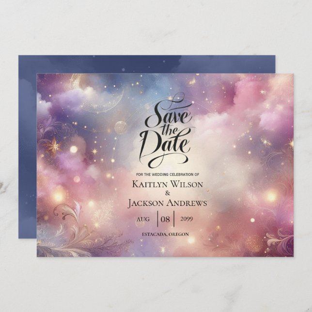 Reserve A Data Shimmering Celestial Stardust Skies Casamento (Frente/Verso)