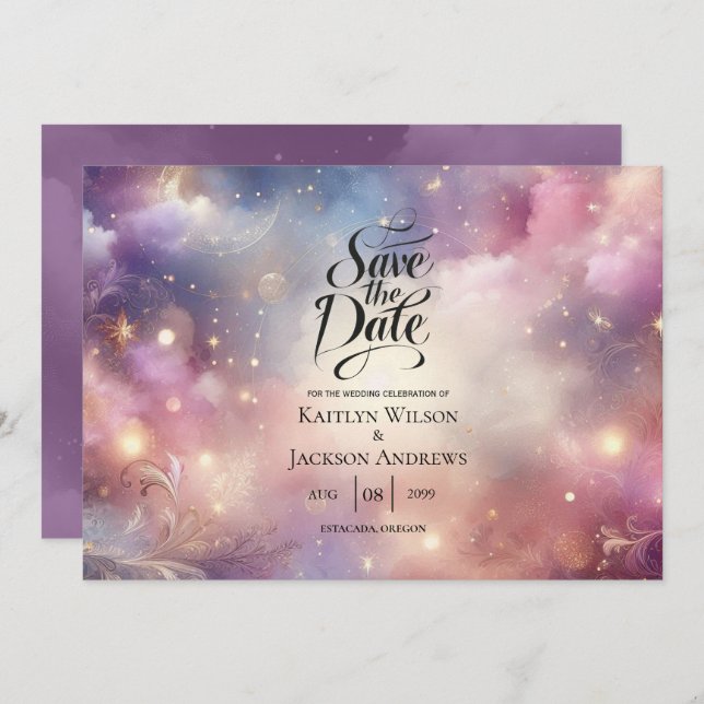 Reserve A Data Shimmering Celestial Stardust Skies Casamento (Frente/Verso)