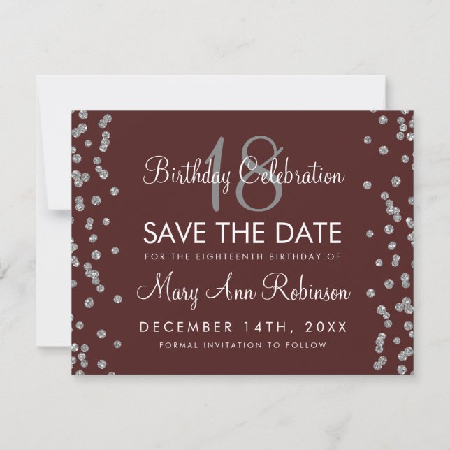 Reserve A Data Silver Birthday Salvar Data Confetti Burgundy (Frente)