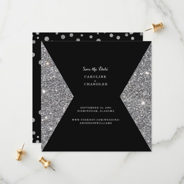 Reserve A Data Silver Glitter & Black Weding Save the Date Glam (Frente/Verso In Situ)