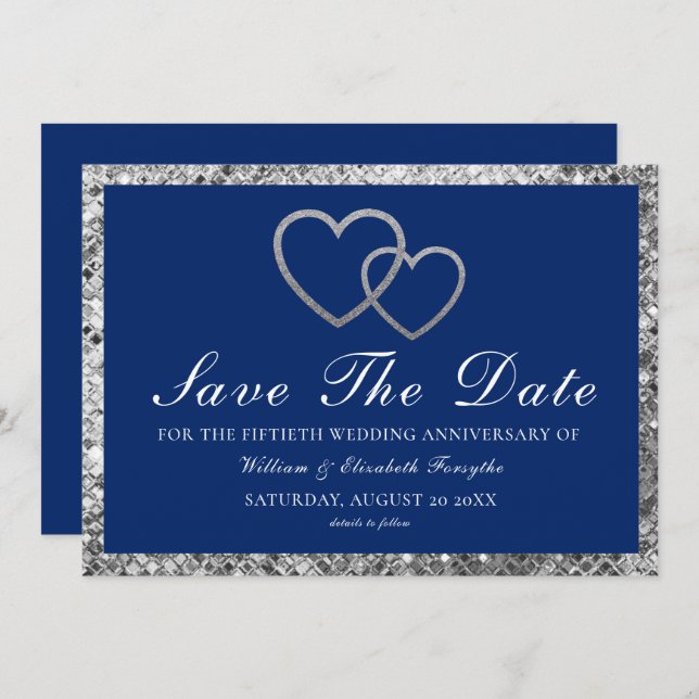 Reserve A Data Silver Hearts Blue do Aniversário do Casamento (Frente/Verso)