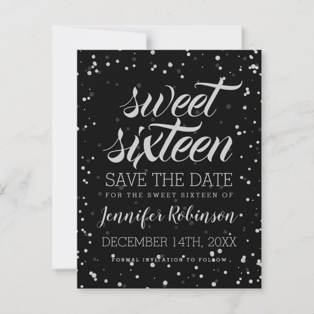 Reserve A Data Silver Sweet16 Save Date Glitter Sparkle Confetti (Frente)