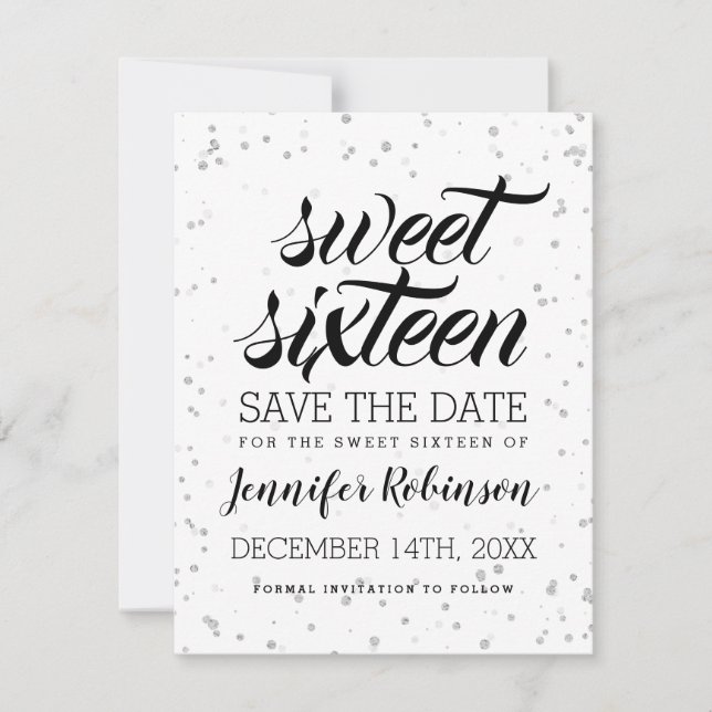 Reserve A Data Silver Sweet16 Save Date Glitter Sparkle Confetti (Frente)