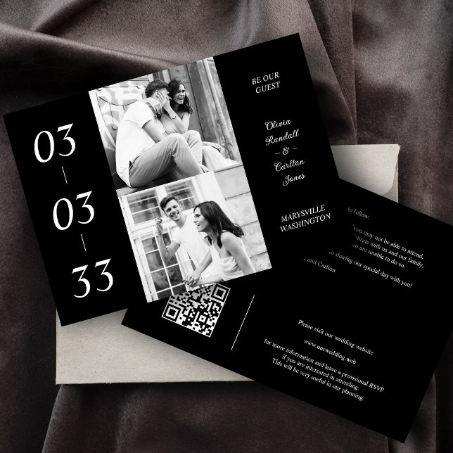 Reserve A Data Simple Black & White Ultra Modern 2 Photos Collage (Simple Black & White Ultra Modern 2 Photos Collage Wedding Save the Date Card with Envelope.)