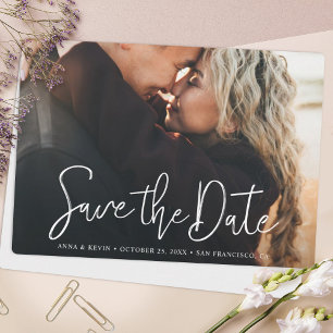 Reserve A Data Simple Elegant Modern White Script Photo Wedding