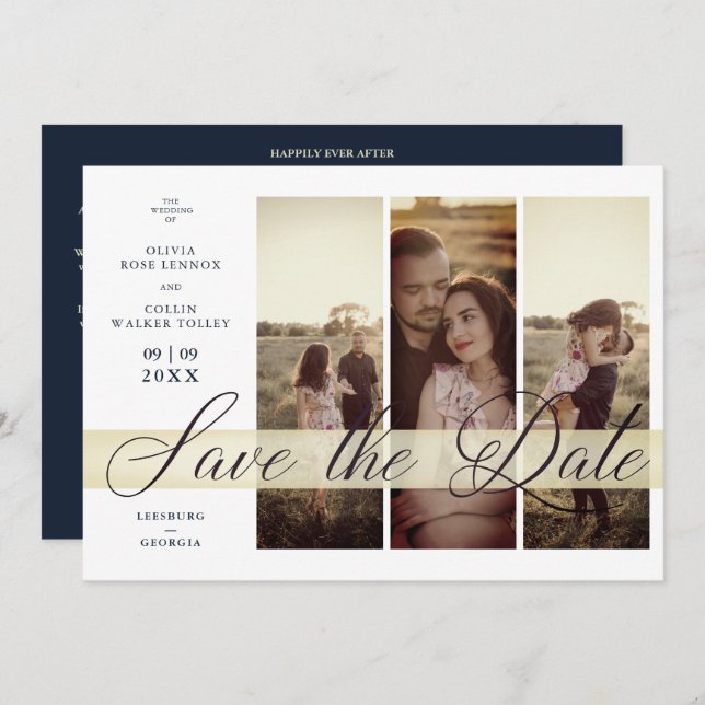 Reserve A Data Simple Elegant Script 3 Photos Couple in Navy (Frente/Verso)