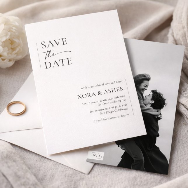 Reserve A Data Simple Elegant Text and Photo | Monogram Wedding (Criador carregado)