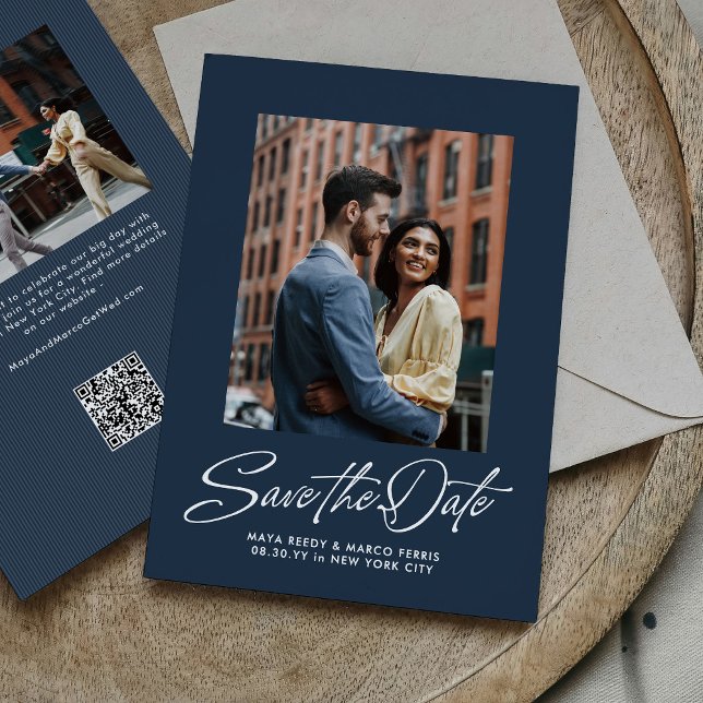 Reserve A Data Simple navy blue trendy script two photo wedding (Criador carregado)