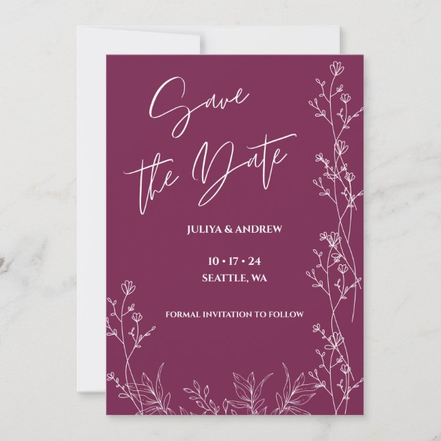 Reserve A Data Simple Pansy Purple script wedding  save the date (Frente)