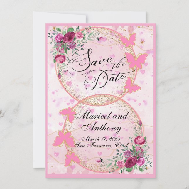 Reserve A Data Simple Pink Butterflies theme Save the Date (Frente)