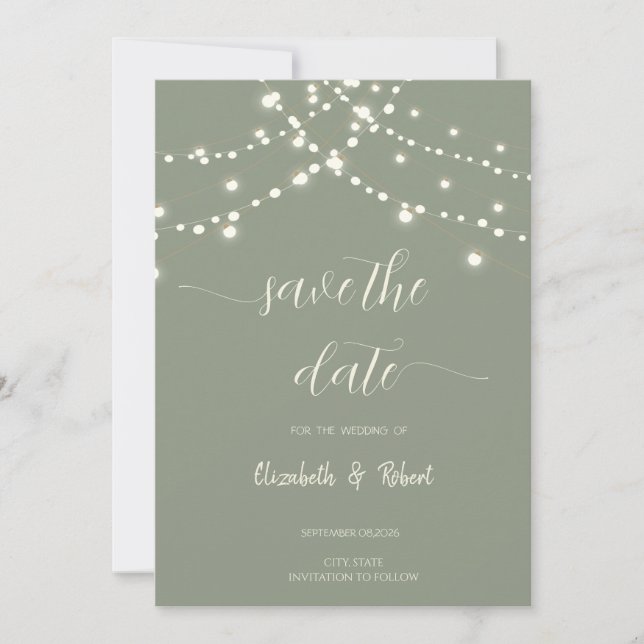 Reserve A Data Simple String Lights Sage Green Save The Date (Frente)