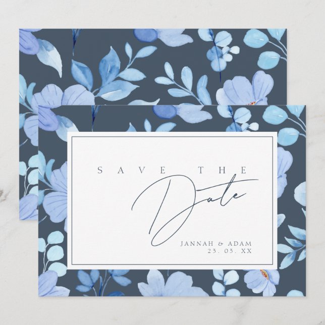 Reserve A Data Simples Casamento de Flores Silvestres Azul Real S (Frente/Verso)