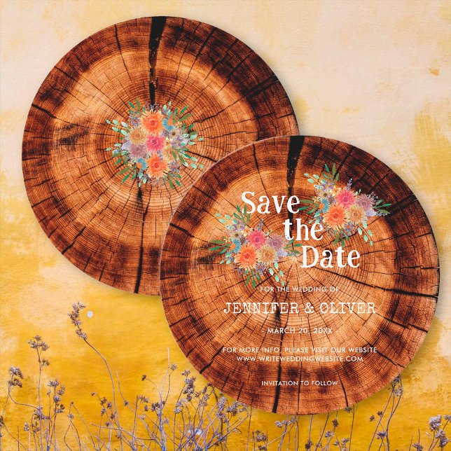 Reserve A Data Simples Casamento Rústico Floral em Tronco de Árvo (Front/Back)