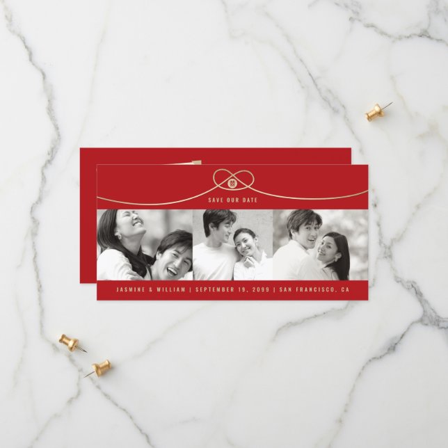 Reserve A Data Simples e Dourado Nó Dupla Felicidade 3 Foto Chinê (Frente/Verso In Situ)