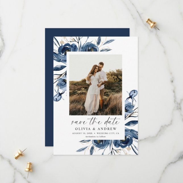 Reserve A Data Simples Elegante Azul Floral Script & Foto Casamen (Frente/Verso In Situ)