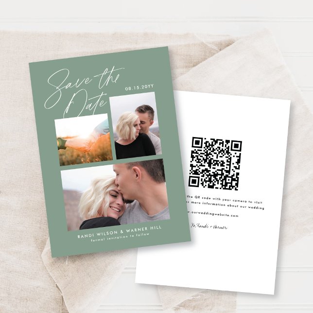 Reserve A Data Simples & Elegante Verde Três Fotos Manuscritas (Criador carregado)