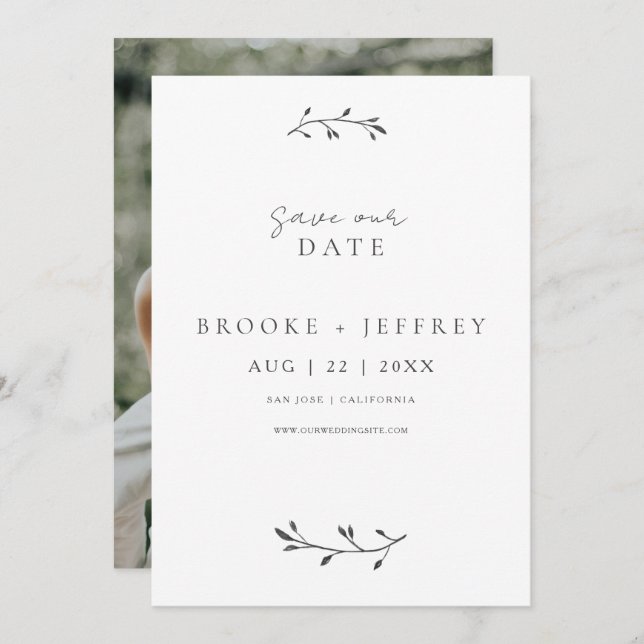 Reserve A Data Simples Foto de Casamento Botânico Moderno Minimal (Frente/Verso)