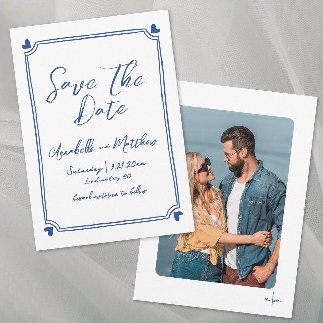 Reserve A Data Simples Foto Desenhada à Mão Azul Casamento Capric (Simple Hand Drawn Photo Blue Whimsical Wedding Save the Date)
