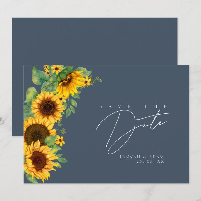 Reserve A Data Simples Girassóis Florais Casamento Royal Blue Sal (Frente/Verso)