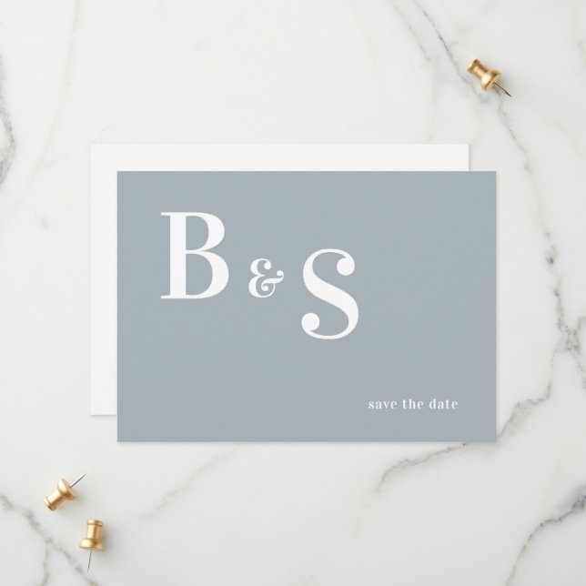 Reserve A Data Simples Moderno Monograma Azul Dusty QR Guardar a  (Frente/Verso In Situ)