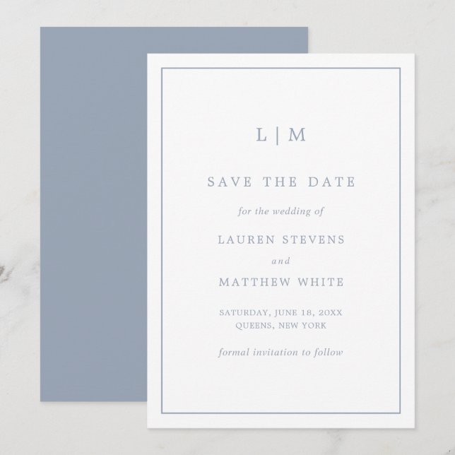 Reserve A Data Simples Monograma Azul Empoeirado Casamento Elegan (Frente/Verso)