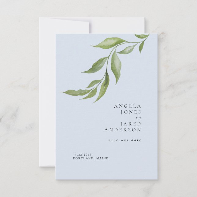 Reserve A Data Simplicidade Folhagem Casamento Azul Empoeirado  (Frente)