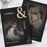 Reserve A Data Site Dourado de casamento de fotos desbotadas escu<br><div class="desc">Anuncie seu grande dia com esta foto moderna salve a data, apresentando uma foto escura, uma elegante e dourada e espaço para seu website de casamento. Projetado com uma camada transparente e um layout minimalista, é perfeito para casais que procuram um casamento negro romântico, simples e elegante, salvar o cartão...</div>