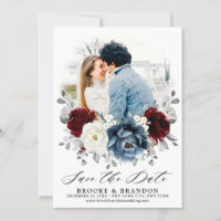 Slate Blue Burgundy White Ivory Floral Casamento