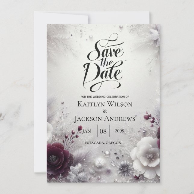 Reserve A Data Snow-Kissed Plum and Ivory Floral Save the Date (Frente)